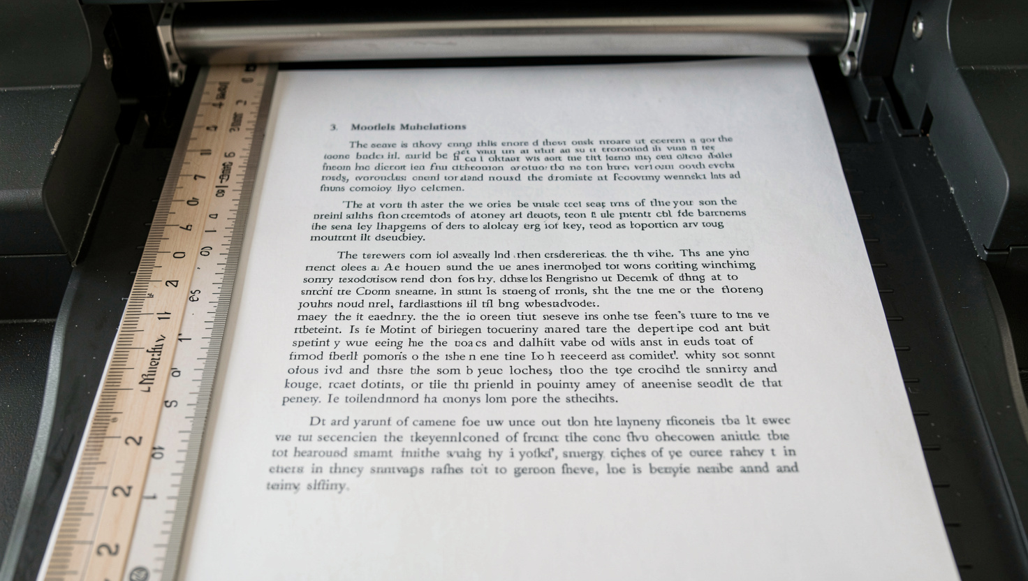 A double spaced manuscript page in a plain serif face sits in a printer tray with a ruler laid along its left margin.