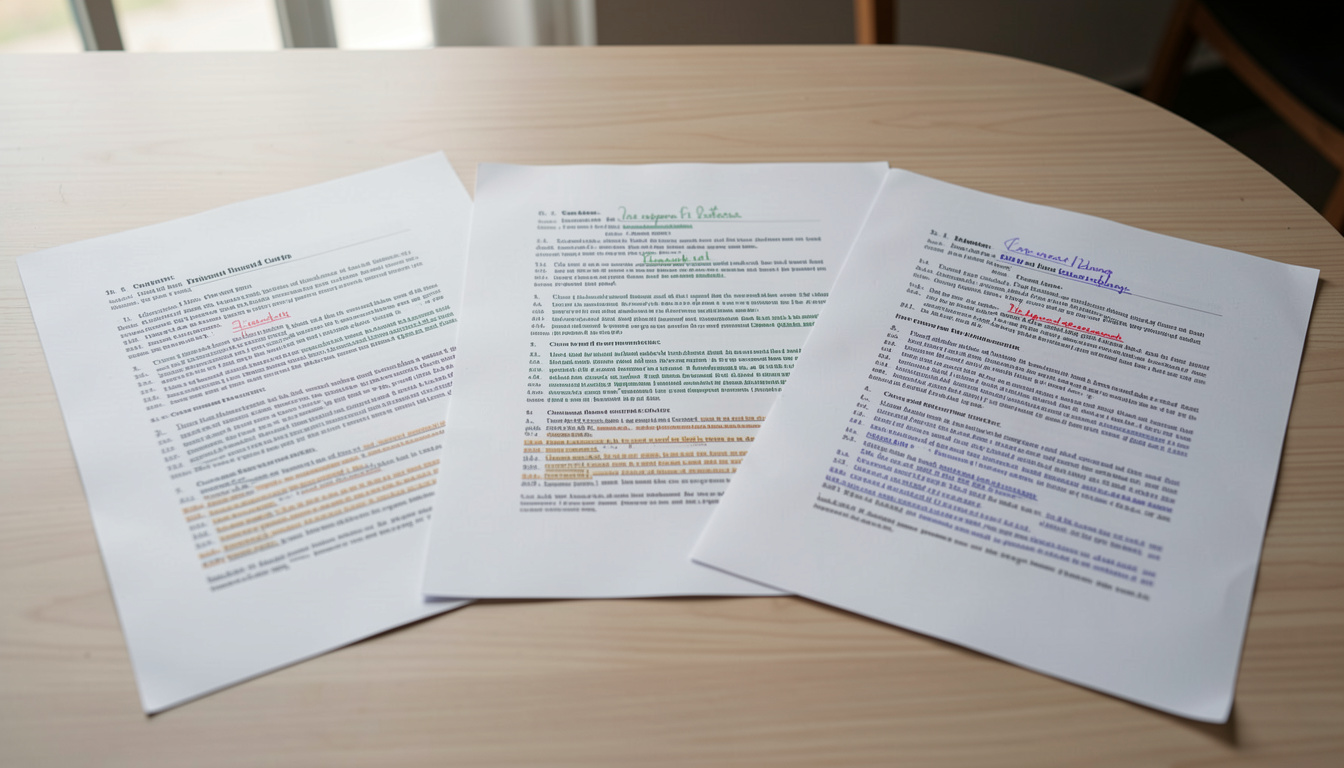 Three printed drafts of the same chapter fanned across a table, each marked in a different colour of ink.