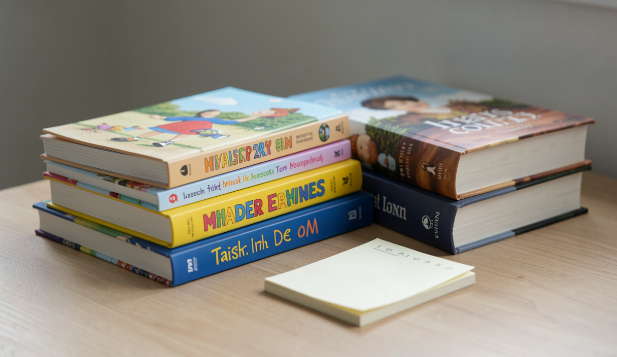 Childrens books of four different formats stacked from thin picture book to thick novel beside a small notepad.